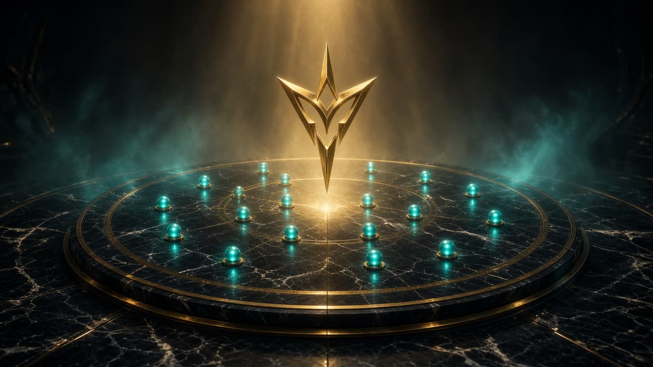Circular black-marble command floor with a gold trident and teal neural nodes.